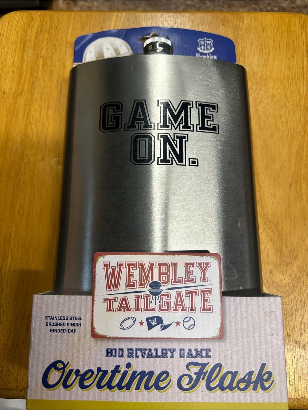 Wembley Brushed Silver Flask with Black 'GAME ON.' Print
